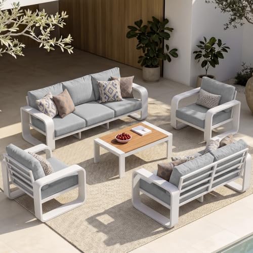Image of Oversized Aluminum Outdoor Furniture Set, Extra Large Patio Furniture Sofa Set 4.8 inch Widened Armrest & Ultra-Thick Cushions, 5 Pcs Modern Patio Sectional for Backyard, Porch, White