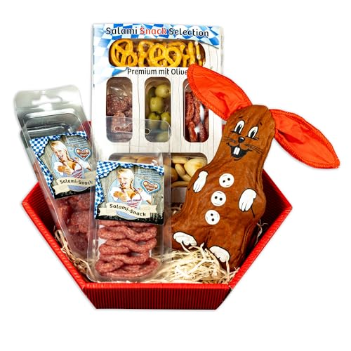 WURSTBARON® Geschenkkorb Kuschelhase, Osternest mit Salami und Snacks, Ostergeschenk im ansprechenden Geschenkkorb.