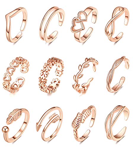 SHIWE 12PCS Adjustable Toe Rings for Women Flower Arrow Band Open Tail Ring Women Beach Foot Jewelry Set