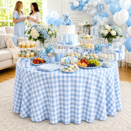 Image of WNINK 4 Pack Blue Gingham Round Tablecloth, 84 Inch Disposable Plastic Table Covers, Blue Checkered Round Table Cover for Birthday Parties, Holiday, Picnic, BBQ, Family Gathering Party Supplies