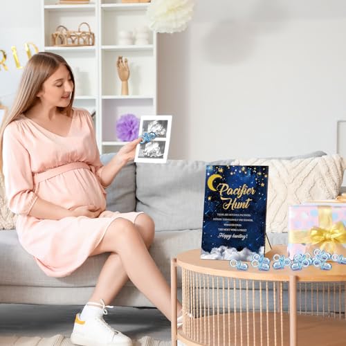 Image of Thyle 51 Pcs Over The Moon Pacifier Hunt Baby Shower Games Include Navy Blue Starry Night Hunt Sign and Acrylic Pacifiers Moon Theme Baby Shower Game Decoration Gift Sets for Gender Reveal Party Decor