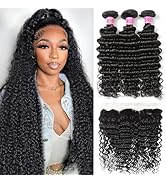Deep Wave Human Hair 3 Bundles with Frontal 13x4 Free Part 100% Unprocessed Brazilian Human Hair ...