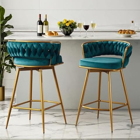 BV 26'' Gold Bar Stools, Velvet Bar Stools Set of 2, Swivel Counter Stools for Kitchen Island, Luxury Bar Chair with Woven Back, Mid Century Modern Counter Height Barstools for Dining Room, Teal Green Cover