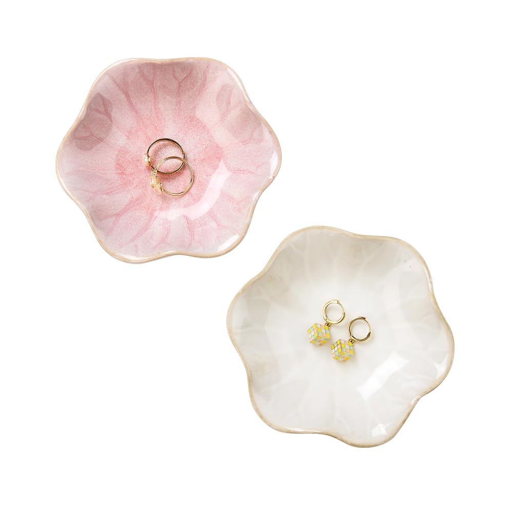 JAMEND CLXP 2PCS Lotus Leaf Shape Ring Holder Dish, Small Key Bowl, Ceramic Trinket Tray Jewelry Dish Organizing Necklace Earrings for Mom Friend Sister, All Jewelries Are NOT Included. White +Pink.…