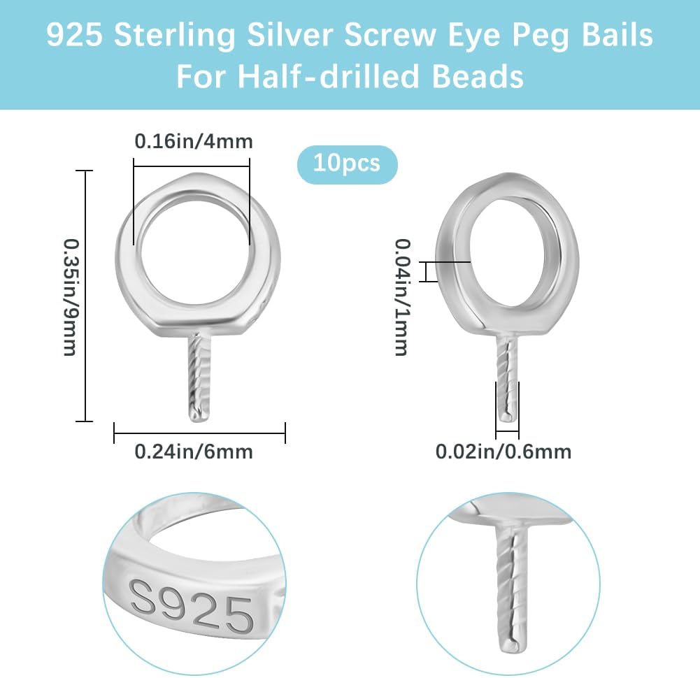 Beebeecraft 1 Box 10Pcs Mini Screw Eye Pin 925 Sterling Silver Screw Eye Pins Clasps Hooks for Half Drilled Beads Bracelet Keychain Earring Crafts Making (9x6x1mm)