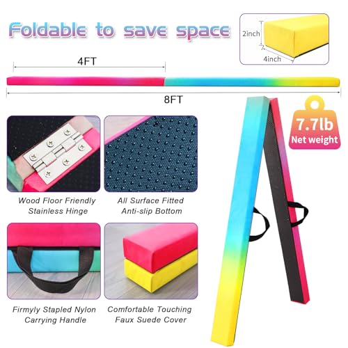 FC FUNCHEER 8FT Folding Balance Beam -Gymnastics Floor Beam -Gymnastics Equipment for Kids,Wood core- Anti-Slip Bottom and Carrying Bag for Home (Suede, Gradient Rainbow)