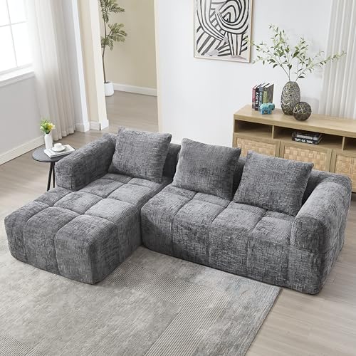 Doyisy Sofá Sección Moderno, Sofá L de 3 plazas, No requiere instalación, Sofá chenilla con chaise longue y reposabrazos, 3 cojines, bolsillo lateral para mando a distancia 250 x 158 x 60 cm (gris)