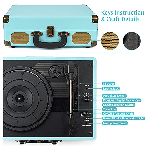 Image of Record Player with Speakers 3-Speed Bluetooth Suitcase Portable Vinyl Record Player Belt-Driven RCA Line Out AUX in Headphone Jack Vinyl Vintage Turntable Blue