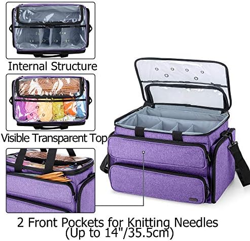 Yarwo Knitting Bag, Yarn Storage Tote Bag for Knitting Needles(Up to 35.5cm), Knitting and Crochet Tote Bag with Accessories Pocket for Yarn, Crochet Hooks, Circular Needles and Projects, Purple