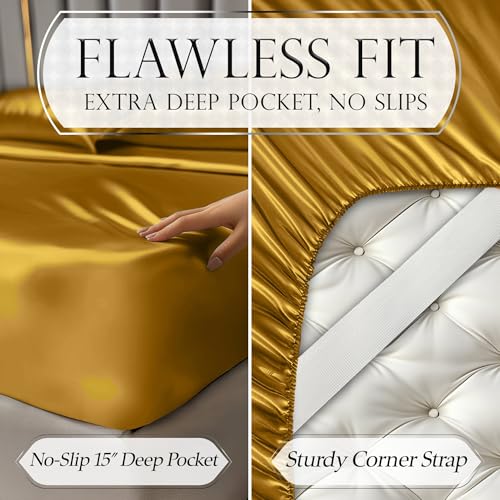 DECOLURE Satin Bed Sheets - 6 Piece Luxury Silky King Size Bedding Set - Softer Than Silk, Wrinkle-Free with 15” Deep Pocket Fitted Sheet, Perfect for Hair & Skin, Gifts for Women (Gold) - Image 6