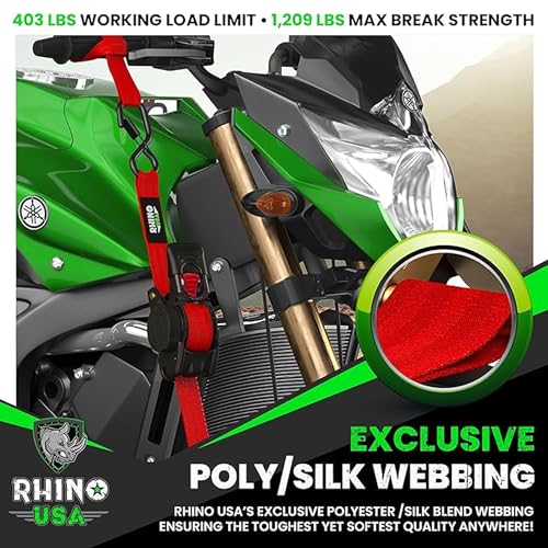 Image of Rhino USA Retractable Ratchet Straps (2-Pack) - 1 Inch x 10 Feet (1,209lb Break Strength) - Auto Self Retracting Tie Down Straps for Truck, Cargo Trailer, Motorcycle, ATV, UTV - Red