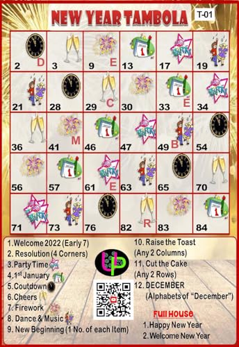 Image of New Year Tambola Tickets | Happy New Year Theme Housie Tambola Themed Bingo Game| Kitty Party Theme Housie Tickets | English | for Family & Friends (Set of 15 Tickets)