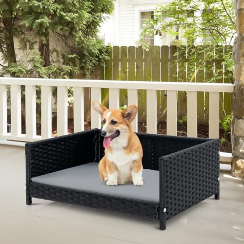 COSTWAY Hundebett aus PE-Rattan, Haustierbett mit abnehmbarem Kissen & waschbarem Bezug, Metallrahmen, erhöhtes Hundesofa für kleine/mittelgroße Hunde, Hundecouch für drinnen draußen, 62x46x25cm