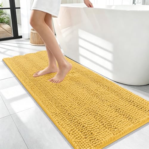 Image of OLANLY Thick Bathroom Runner Rugs 47x17, Extra Absorbent Chenille Striped Bath Rugs, Rubber Backing, Machine Wash Dry, Long Bath Mats for Bathroom Floor, Tub and Shower, Home Decor Accessories, Yellow