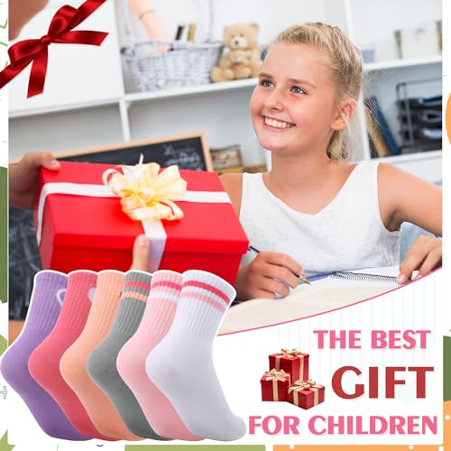 Utensilsto 6 Paar Kinder Sportsocken Tennissocken Jungen Mädchen Baumwolle Crew Socken mit Retro Streifen Herzen, Sportsocken für Mädchen und Jungen von 6-12 Jahren, Herzen Streifen-B