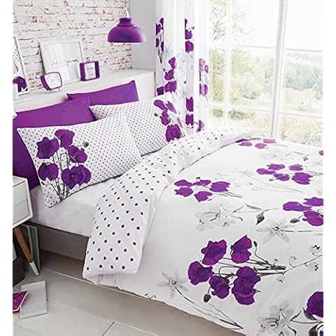 SINGLE Bed Duvet Set Purple Poppy Flower Quilt Cover Pillow Cases Bedding Cover