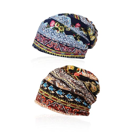 2 piezas de sombreros impresos, estilo étnico, sombreros sueltos para mujer, turbante envolvente, sombrero de envoltura deportiva, gorro de algodón elástico, sombrero de luna, sombrero de estilo