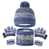 Srvak 3 in1 Kinder Wintermütze Schal Handschuhe Set-– Warme Strickmütze, Winterschal mit Fleecefutter, Handschuhe, für Junge Mädchen 4-10 Jahre (Saphirblau)