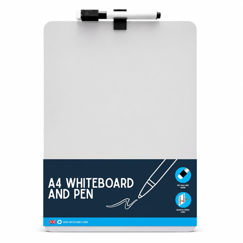 A4 Magnetic Whiteboard & Pen Set - Dry Wipe Memo Board with Eraser-Topped Marker and Magnetic Strips | Reusable Whiteboard for Home, Office, School, Kitchen, Planning & to-Do Lists