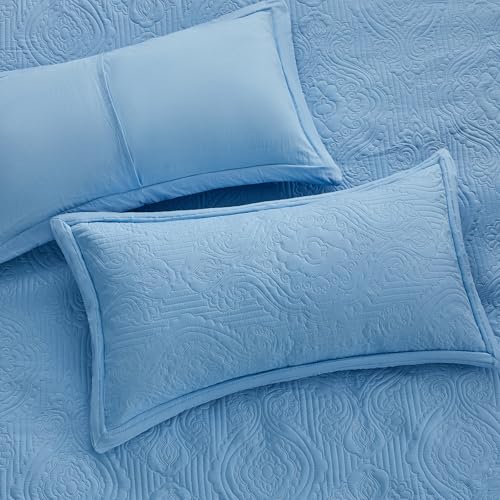 Image of ENJOHOS Light Blue California King Quilt Set, Oversized King Bedspreads 128x120, 3 Piece Soft Lightweight Extra Wide Microfiber Quilts, Vintage Boho Striped Pattern Summer Coverlet
