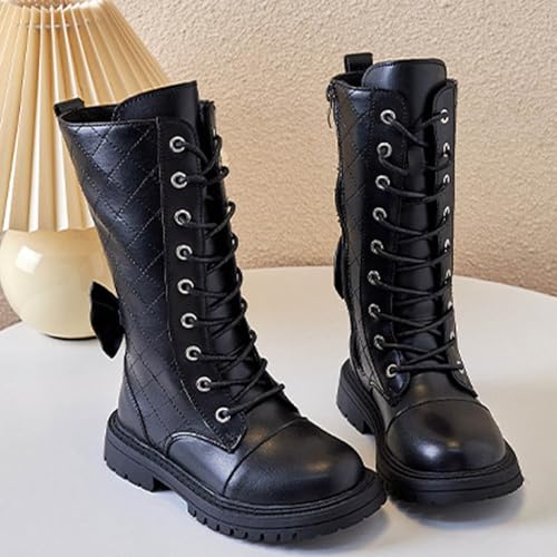 Lace-Up Combat Boots for Girls High Tall Side Zip-Up Knee Length Riding Boots Fashion Plain Lug Sole Low Heels Shoes4