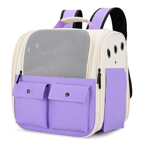 RonZini猫バッグ ペットキャリー おしゃれな 猫 リュック ペットリュック 軽量 通気性 大容量 アウトドア 飛び出し防止 ペットバッグ 小型犬 小動物用 車載 通院 屋外 旅行 防災 避難用 折りたたみ式で ポータブル ペット用品 (パープル)