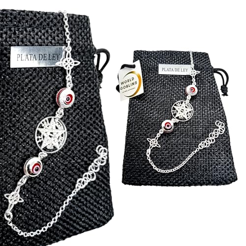 WORLD GOBLINS Pulsera Plata 925 Tetragramatón con Ojo Turco y Nudo de Bruja | Amuleto Protección Mujer | Joyería Artesanal. Hecha en España Ajustable 17.5-21cm