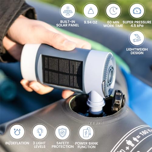 EXORUX 3in1 Solar Portable Air Pump for Inflatables+Camping Lantern+Power Bank; Tiny Electric Air Pump 4000mAh Battery USB/Solar Rechargeable Air Mattress Pump Couch Pump Inflate Deflate Hand Pump - Image 3