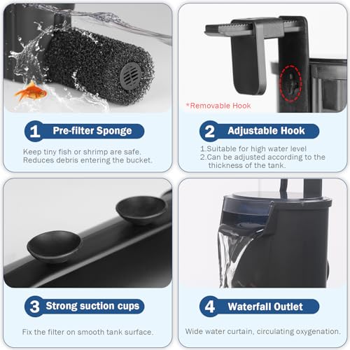 Image of Turtle Tank Filter Aquarium Internal Filter for 3 to 20 Gallon Fish Tank, Bio-filtration Low Water Level Small Power Canister Filter, Frog Shrimp Newt Betta Water Clean, Hang On Back Waterfall Quiet