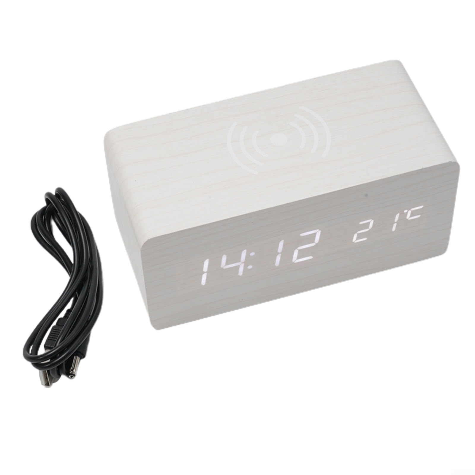 Wooden Digital Alarm Clock with Wireless Charger, LED Display for Time Temperature Date, 5W Charging Pad, USB or for battery Powered, Auto Dimming, Modern Decor for Bedroom Office(C)