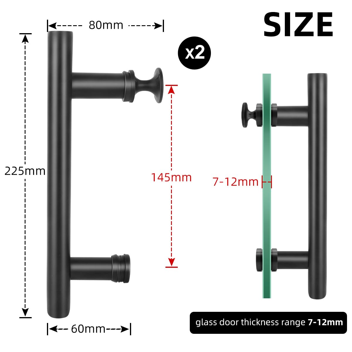 Suimlmta 2 Pack Shower Door Handle Black 145mm Stainless Steel Replacement Door Handles with Plastic Knobs for Shower Enclosures Room Sliding Push Pull Glass Door - Image 2