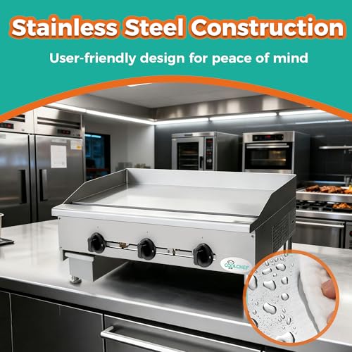 Image of 36 inch Commercial Gas Griddle, 90,000 BTU Countertop Flat Top Grill, 3 Independent Burners, Heavy-Duty Stainless Steel Construction, NG /LP Convertible, ETL Certified