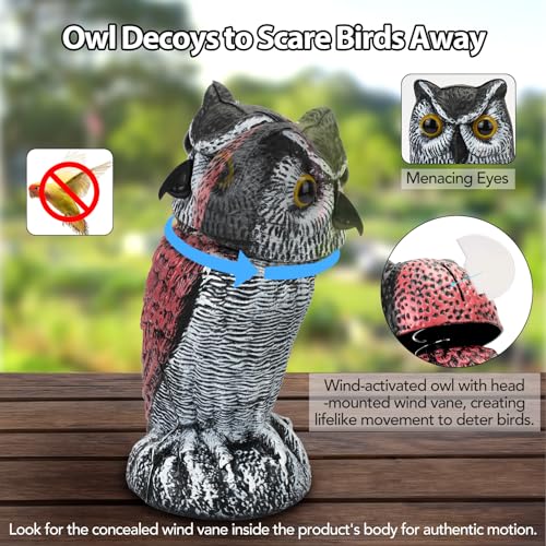 Plastic Owl Statue Decoy to Scare Birds - Weatherproof Outdoor Bird Owl with Rotating Rod for Yard, Pool & Patio, Bird Control Device