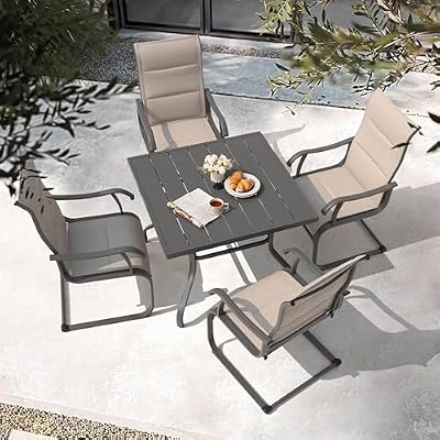 NUU GARDEN 5-Piece Outdoor Patio Dining Set - 4 Textilene Dining Chairs & 37" Table with Umbrella Hole, Weather-Resistant Furniture for Yard Porch Poolside Garden, Beige