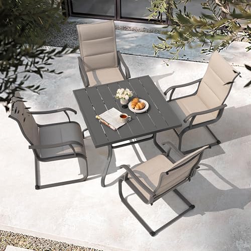 Image of NUU GARDEN 5 Piece Outdoor Patio Dining Set, 37 inch Table with Umbrella Hole and 4 Textilene Dining Chairs, Patio Furniture for Porch Poolside Garden, Beige