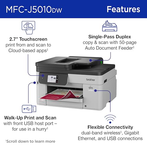 Image of Brother INKvestment 5010 Wireless Color Inkjet All-in-One Printer with Automatic 2-Sided Copy & Scan with 2.7 inch Color Touchscreen (MCF-J5010DW)