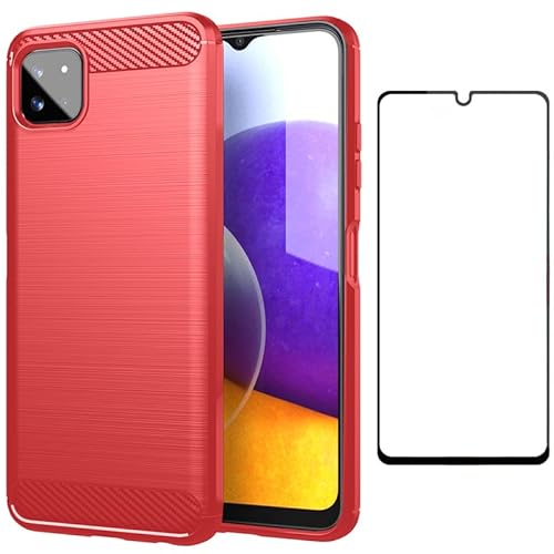 Asuwish Phone Case for Samsung Galaxy A22 5G/Boost Mobile Celero 5G with Screen Protector Cover and Slim Thin Soft Cell Accessories Protective Celero5G Gaxaly A 22 22A G5 Women Men Carbon Fiber Red