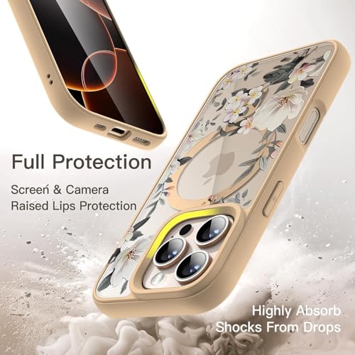 Image of VONZEE Compatible with iPhone 15 Pro Max Case Luxury Retro Flowers Floral Clear for Magnetic Wireless Charging Case Shockproof Case PC+TPU Cute Glossy Shiny Cover for Girls Women,6.7'' Desert Titanium