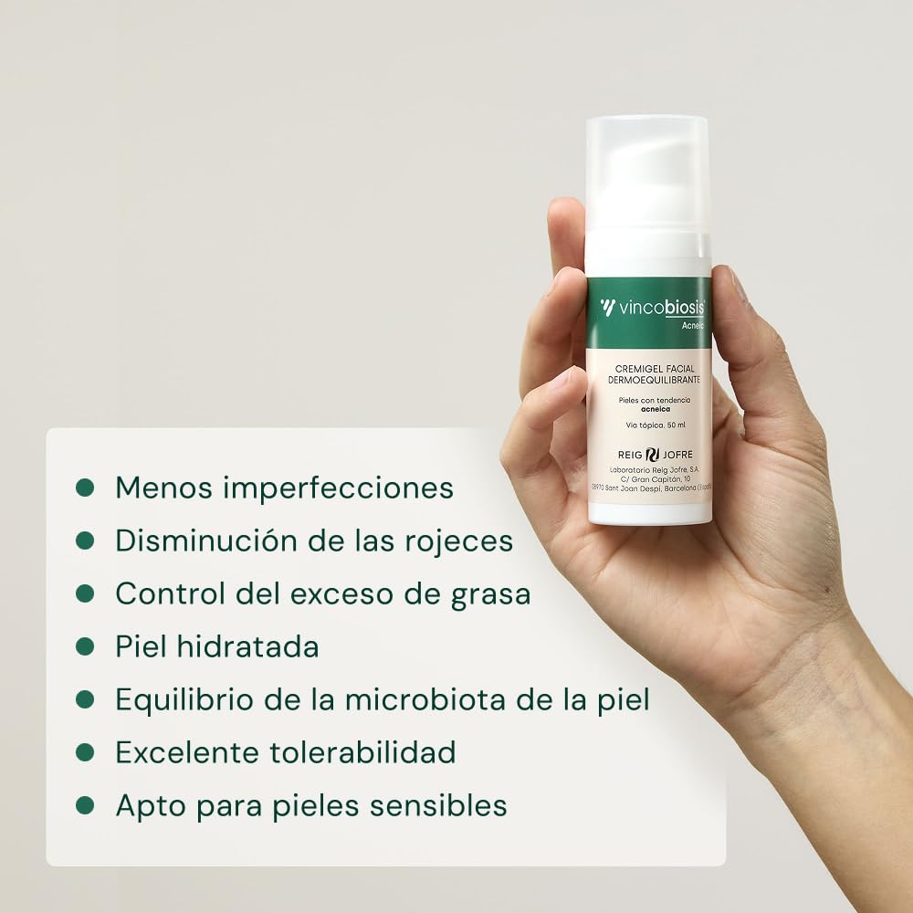 Cremigel facial dermoequilibrante Vincobiosis® Acneic: ayuda a reducir granos, rojeces y otras imperfecciones devolviendo el equilibrio a la piel acneica. Apto para pieles sensibles. 50 ml