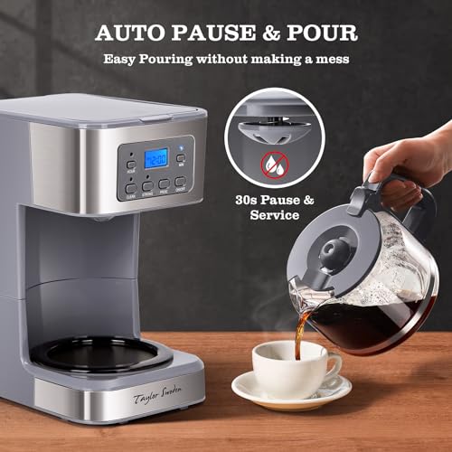 Image of Taylor Swoden 12-Cup Programmable Coffee Maker, Regular & Strong Brew Drip Coffee Machine for Home and Office, Glass Carafe, Pause & Serve, Auto Shut Off, Gray & Stainless Steel