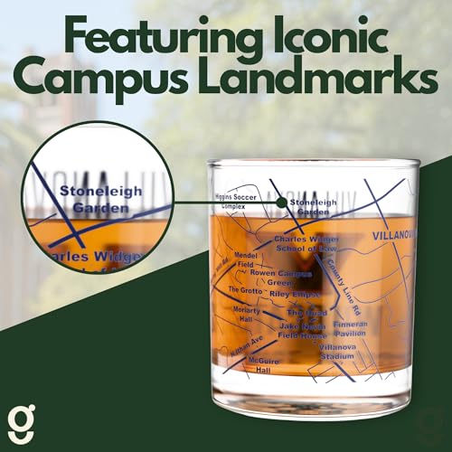 Image of Greenline Goods Villanova University Wildcats Whiskey Glasses Set of 2, 10 oz Rocks Glasses with Full-Color Logo & Campus Map - Officially Licensed Bourbon Glass Gift for Alumni & Fans
