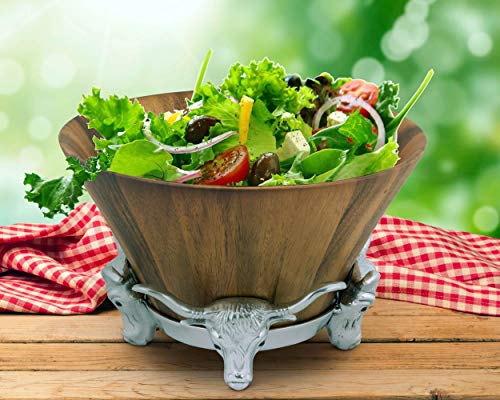 Arthur Court Designs Acacia Wood Salad Bowl with Aluminum Longhorn stand 12\" Diameter