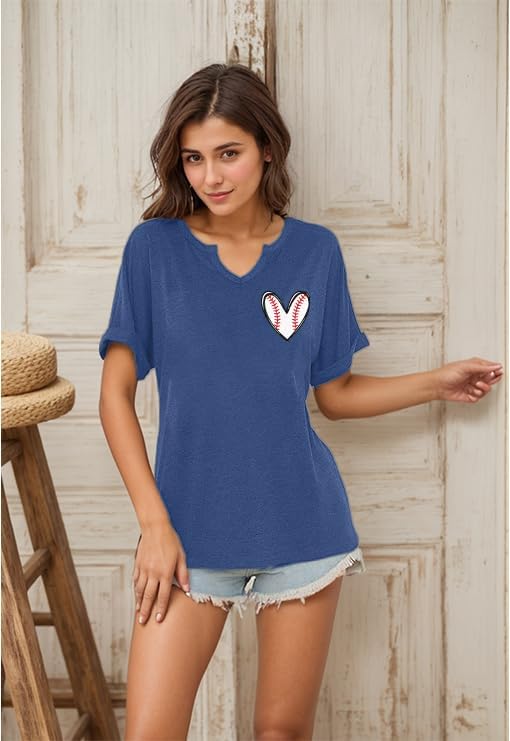 Baseball Mama Shirt Baseball Mom Tshirt Game Day V-Neck Short Sleeve Cheer Mom Heart Graphic Tees - Image 2