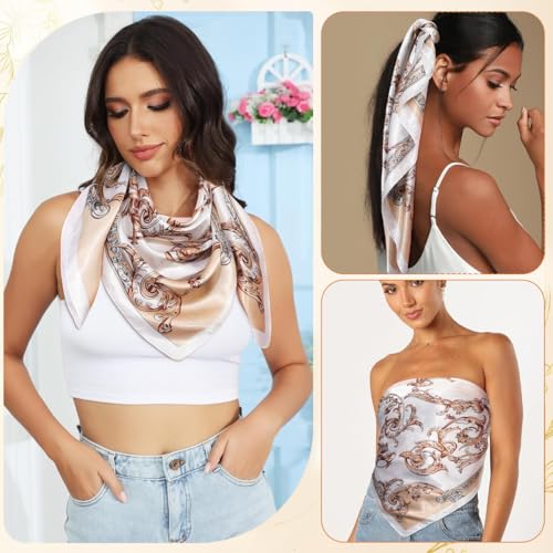 Image of SANNIDHI Hair Head Scarf for Women Satin Silk Like Neckerchief Fashion Print Square 35in Bandana Handbag Decor