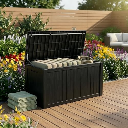 Image of 198 Gallon Resin Deck Box - Finally, a Lockable Outdoor Storage That Fits Everything (Cushions, Tools, Pool Gear & BBQ) - Weatherproof Wood Grain Design for Patio, Garden, Office, Home Indoor Outdoor