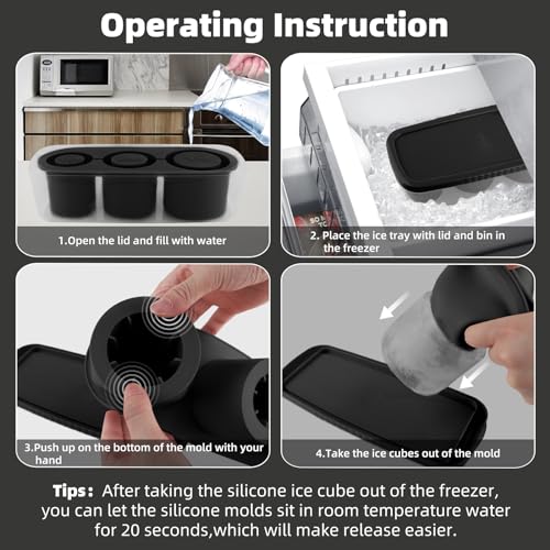 Fu Store Ice Cube Tray for Tumbler Cup 20-30 oz 3pcs Silicone Ice Cube Molds With Lid and Bin for Chilling Cocktails Whiskey Drinks Juice Coffee Easy Fill Release Ice Maker Black
