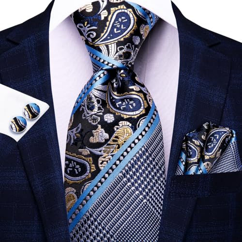 Image of Hi-Tie 3 Pcs Gift Box Mens Tie Set Necktie with Pocket Square Cufflinks Lapel Pin Silk Neck Tie Collection
