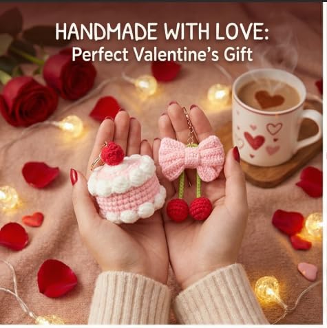 Image of HOUSE CREATIVITY Crochet Keychain Kit for Beginners - Make 2 Cute Cake & Bow Charms, Amigurumi Crochet Starter Kit with Video Tutorial, Yarn & Keyring, DIY Bag Charm Gift