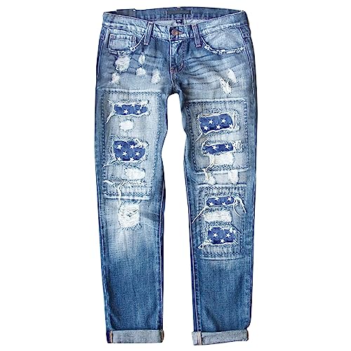 4th of July Ripped Jeans for Women USA Flag Star Striped Patch Cut Out Distressed Boyfriend Patriotic Denim Jeans