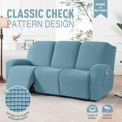 Image of TAOCOCO Recliner Sofa Covers 8-Pieces Stretch Large Couch Covers for 3 Seats Reclining Slipcovers Soft Jacquard Pattern Furniture Protector (Dusty Blue)